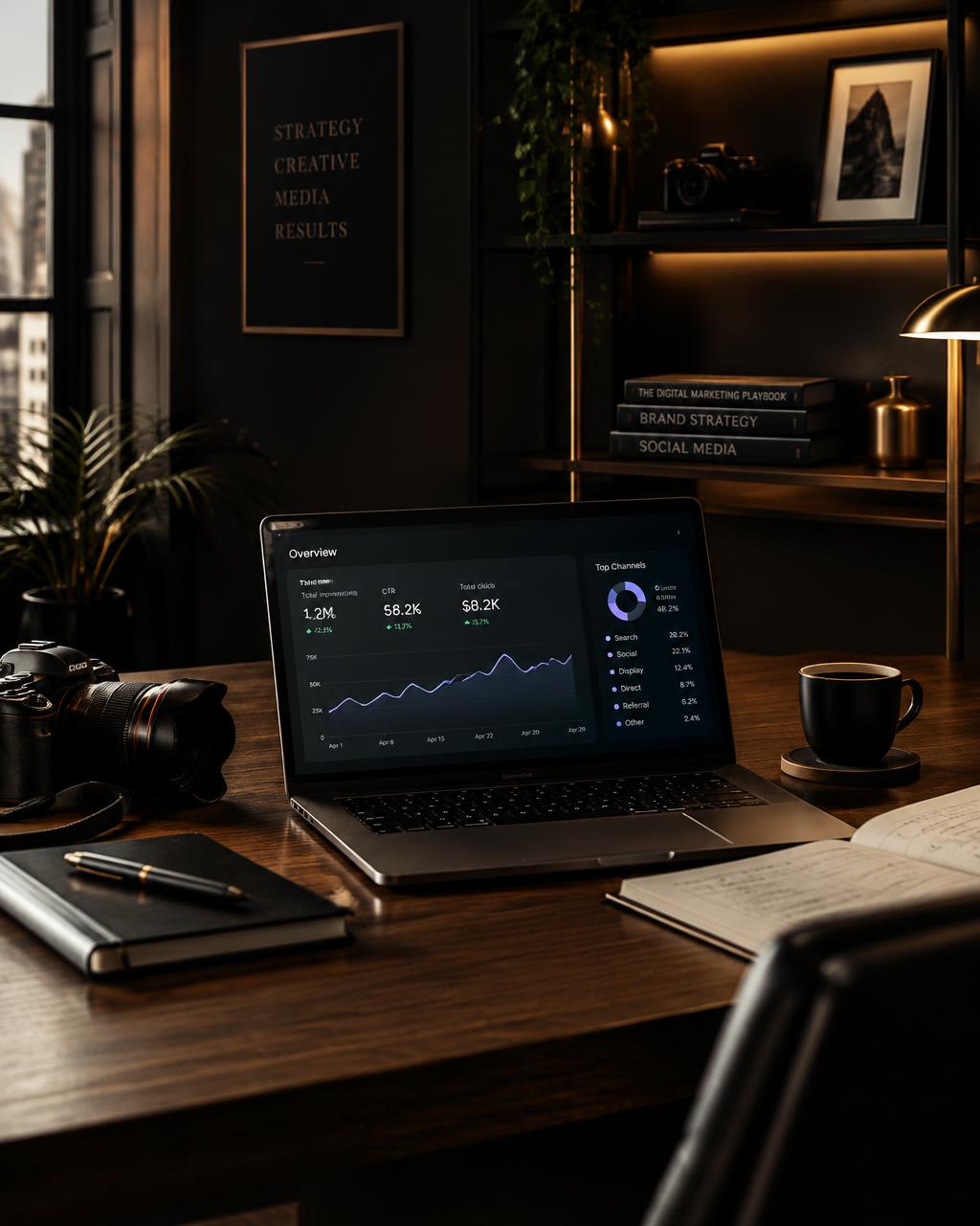 Creative workspace with marketing analytics on a laptop